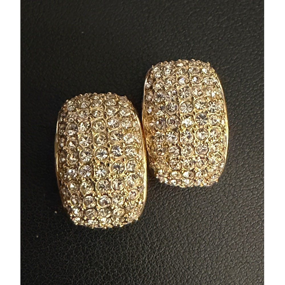 Vintage ROMAN Rhinestone Earrings Clip Ons Glam Gold Tone Pave Wide